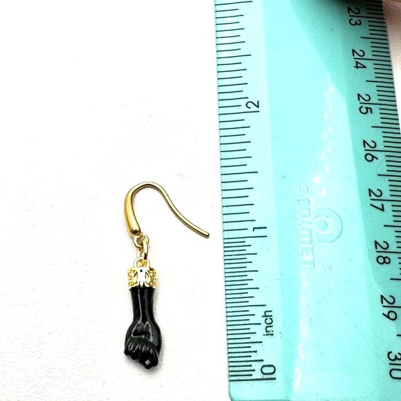 18K Gold Plated Black Enamel Figa Fist Earrings Pierced Chandelier - Picture 2 of 4